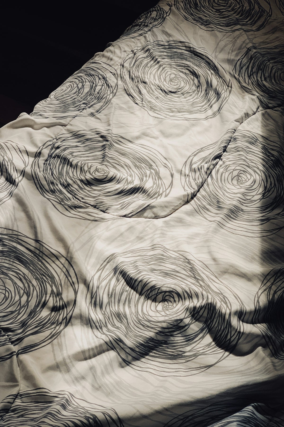 a black and white photo of a bed with a comforter