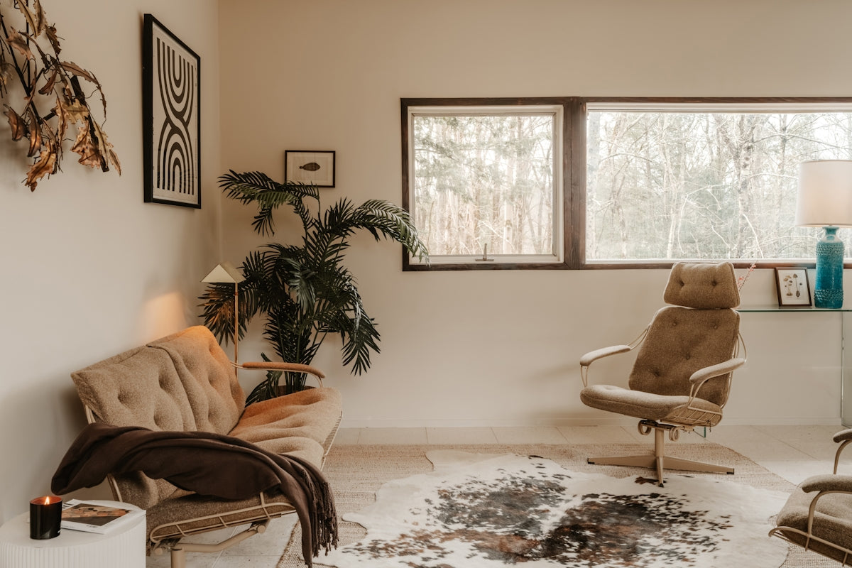Cozy living room with vintage furniture and plants